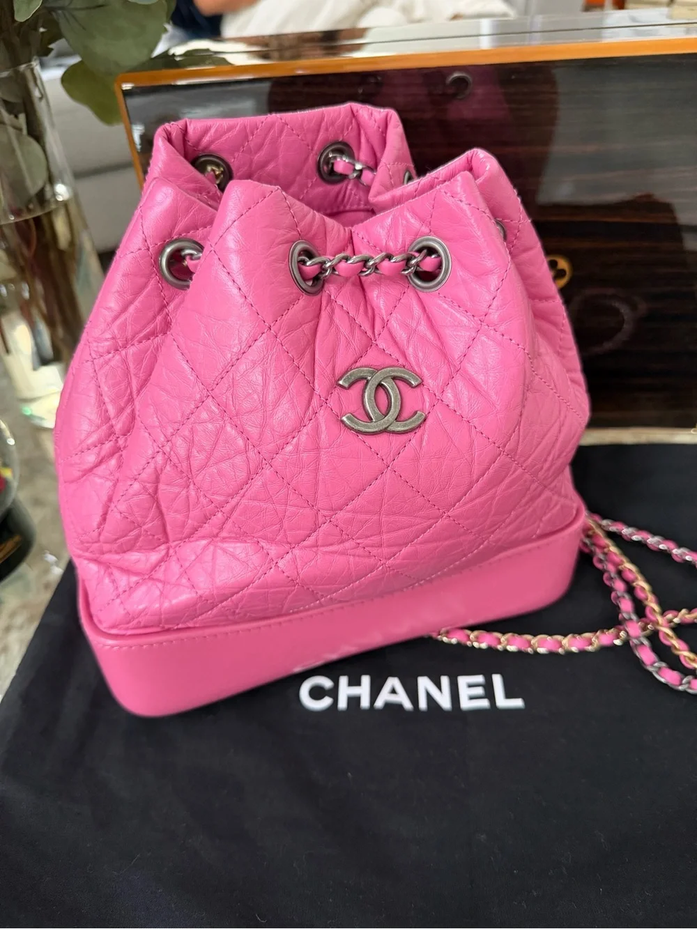 CHANEL Hot Pink Quilted Leather Drawstring Bucket Bag
